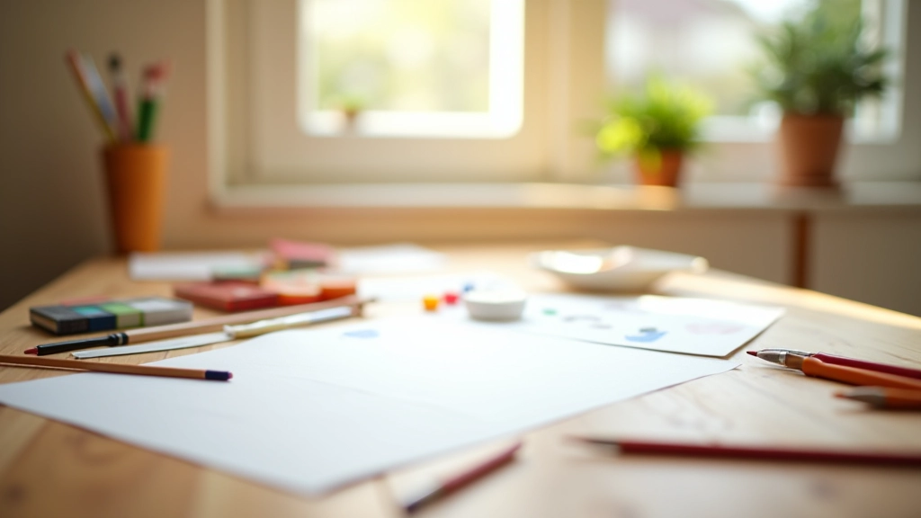 Mesa com materiais para atividades criativas: tintas, papel, pincéis e brinquedos