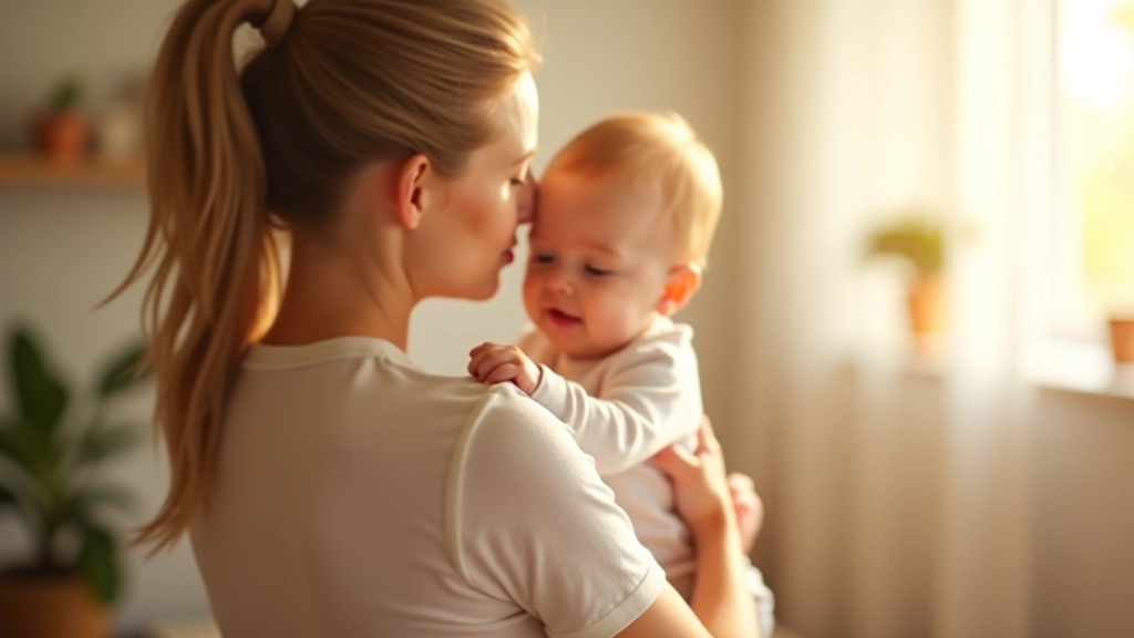 Bebé sendo seguro por uma mãe, em ambiente interior aconchegante e luminoso