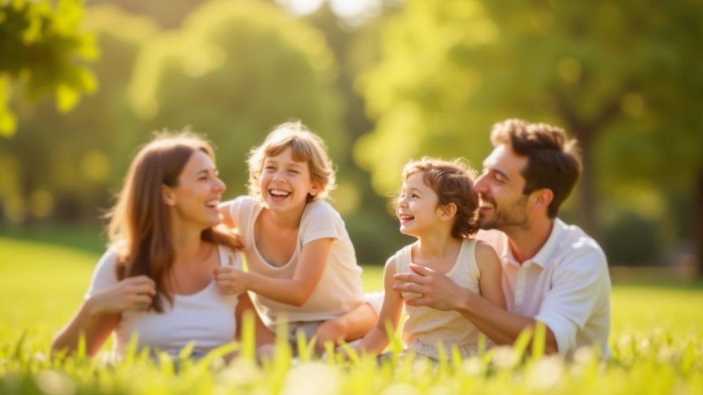 Pais e filhos a desfrutar de tempo em família ao ar livre, sorrindo e brincando